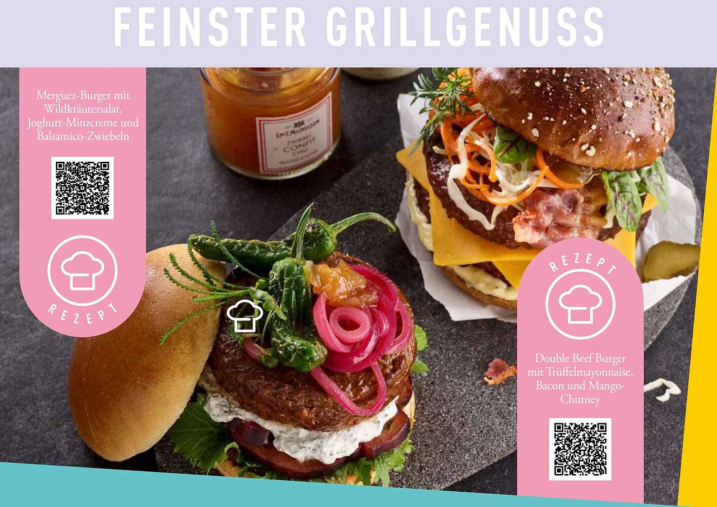 Merguez-Burger mit Wildkräutersalat, Joghurt-Minzecreme und Balsamico-Zwiebeln
