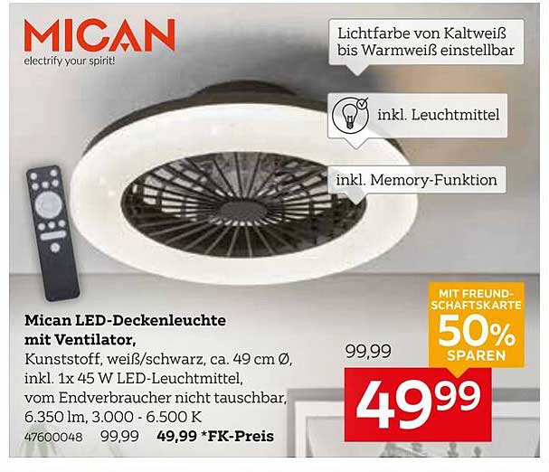 Mican LED-Deckenleuchte mit Ventilator