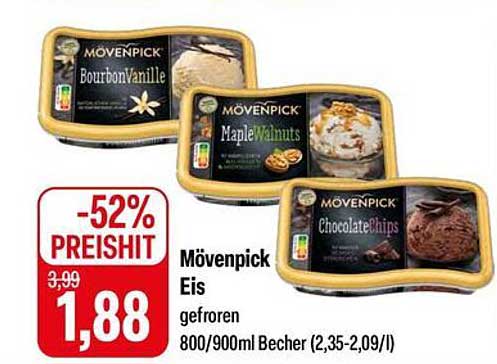 Mövenpick Eis gefroren 800/900ml Becher (Bourbon Vanille, Maple Walnuts, Chocolate Chips)