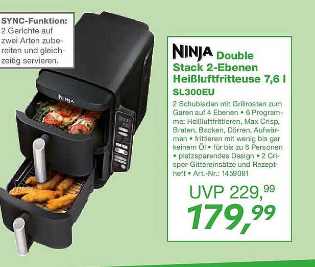 NINJA Double Stack 2-Ebenen Heißluftfritteuse 7,6 l SL300EU
