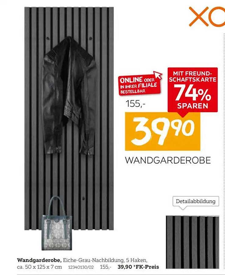 Wandgarderobe Eiche-Grau-Nachbildung mit 5 Haken