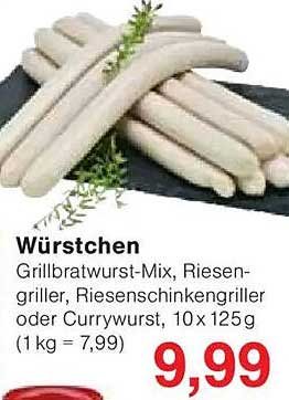 Würstchen Grillbratwurst-Mix, Riesengriller, Riesenschinkengriller oder Currywurst, 10 x 125 g