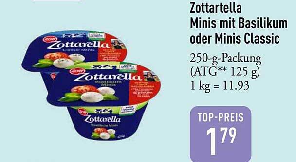 Zottartella Minis mit Basilikum oder Minis Classic 250-g-Packung