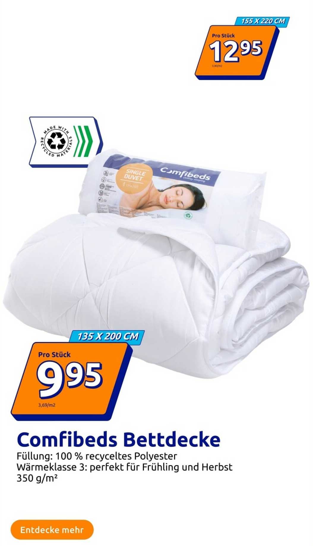 Comfibeds Bettdecke 135 x 200 cm, 100 % recyceltes Polyester