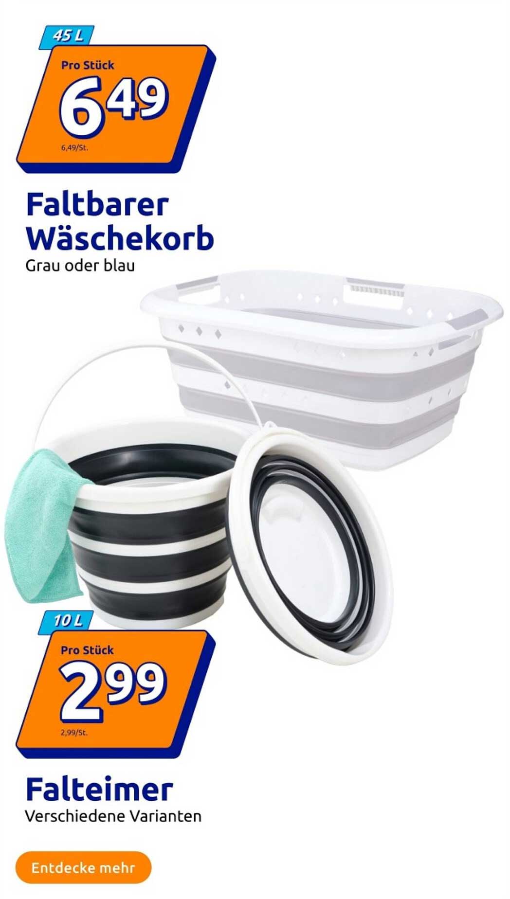 Faltbarer Wäschekorb - Grau oder Blau (45 L) und Falteimer - Verschiedene Varianten (10 L)