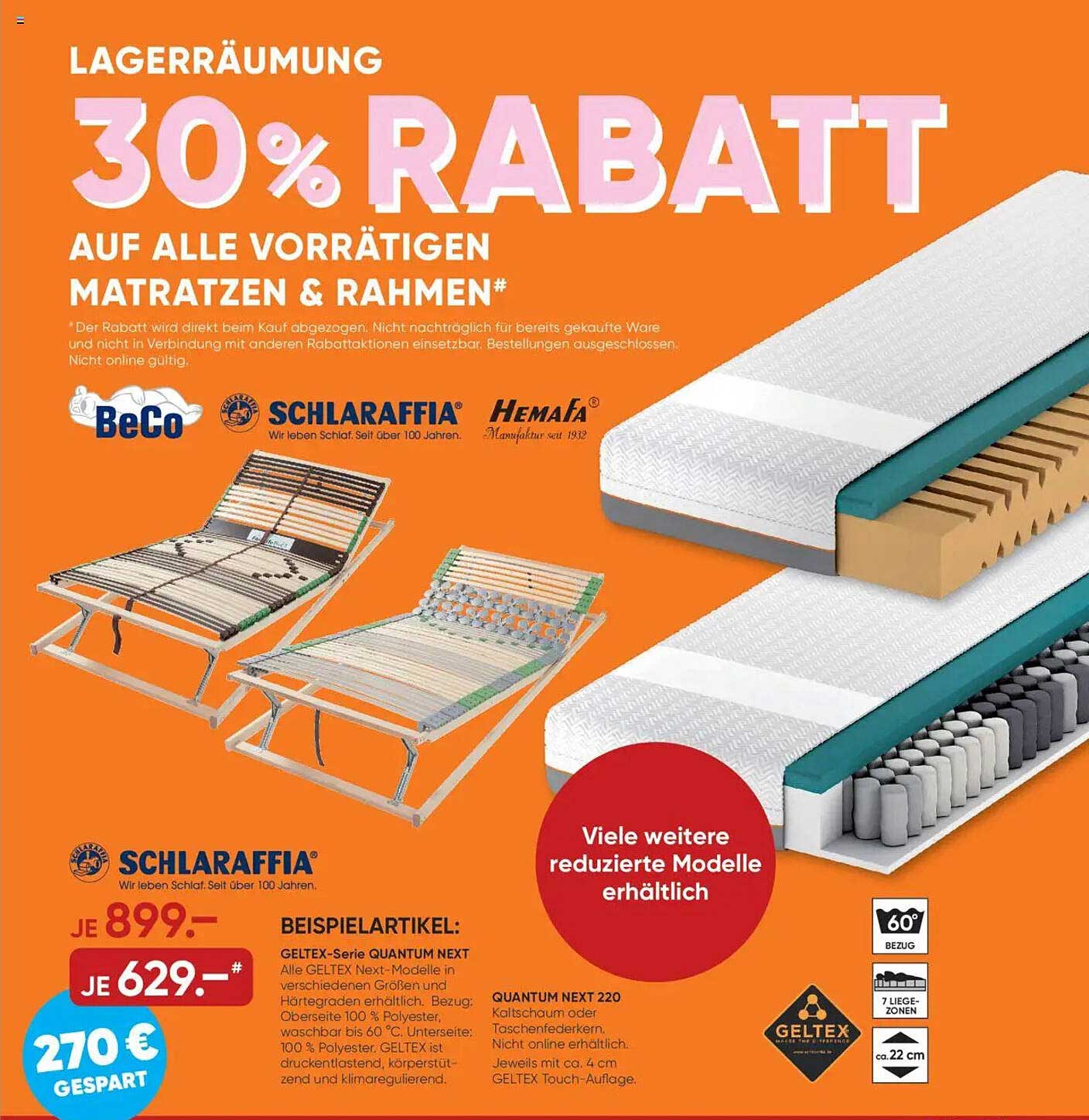 Lagerräumung: 30% Rabatt auf alle vorrätigen Matratzen & Rahmen