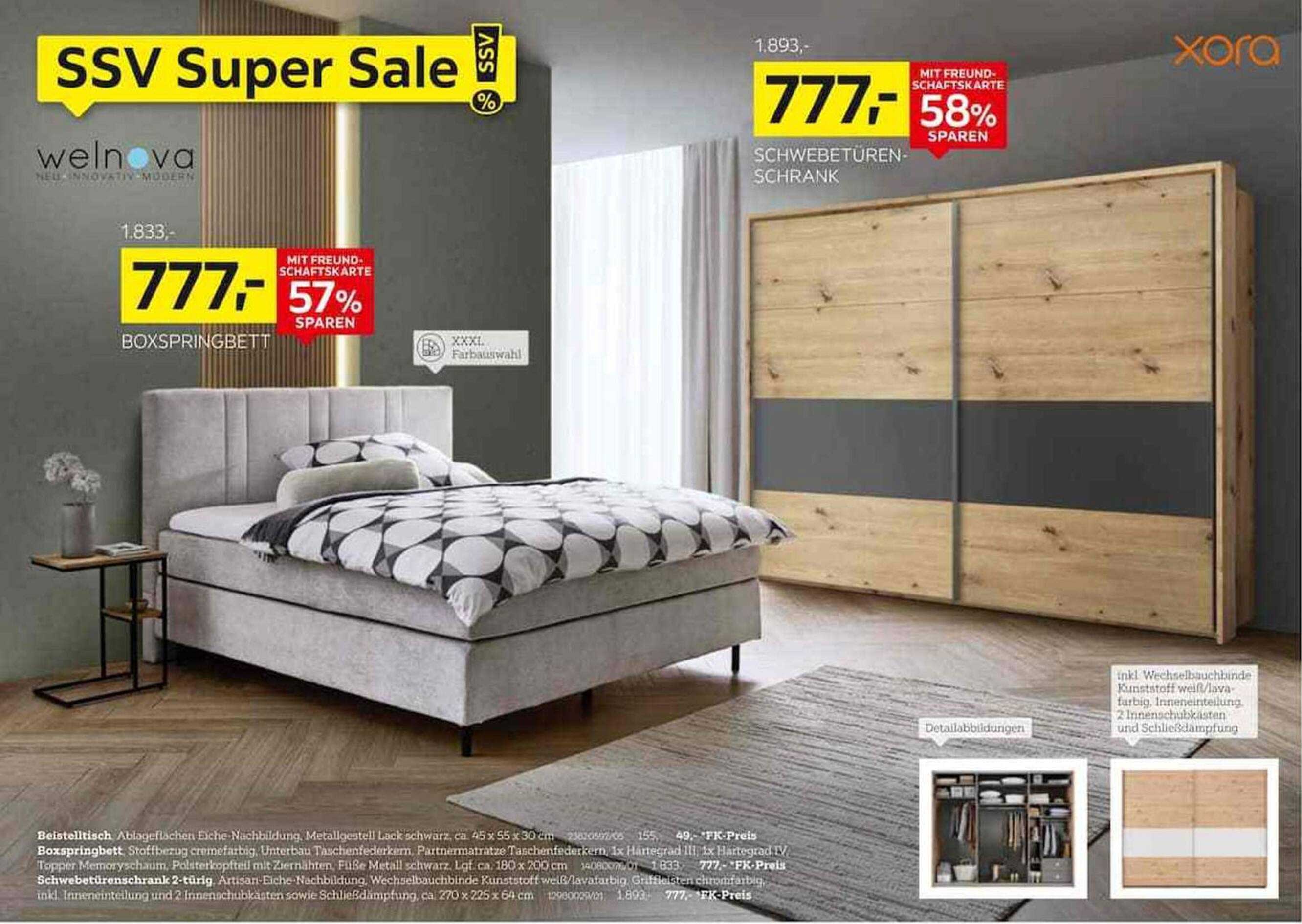 Welnova Boxspringbett und Schwimmtüren-Schrank
