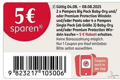 2 x Pampers Big Pack Baby-Dry oder Premium Protection Windeln kaufen und 5 € sparen