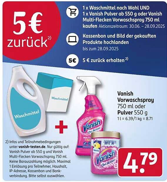 5 € zurück beim Kauf von Vanish Vorwaschspray oder Pulver
