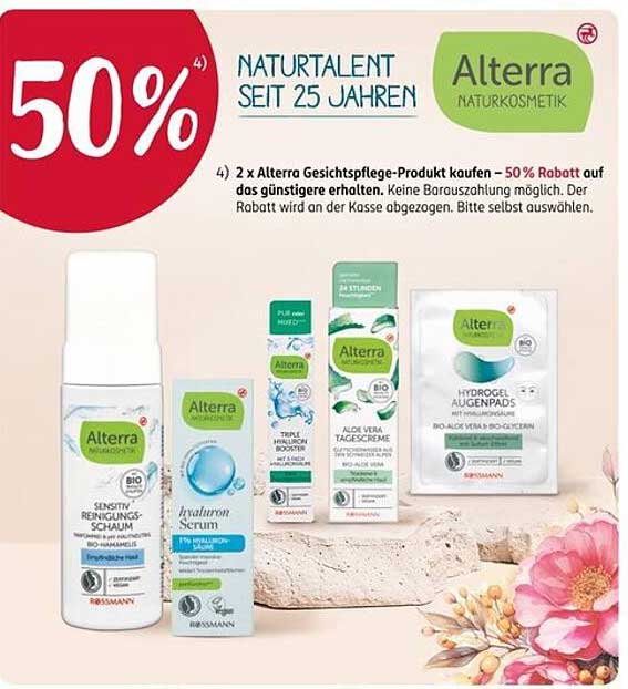 50 % Rabatt auf Alterra Gesichtspflege-Produkte