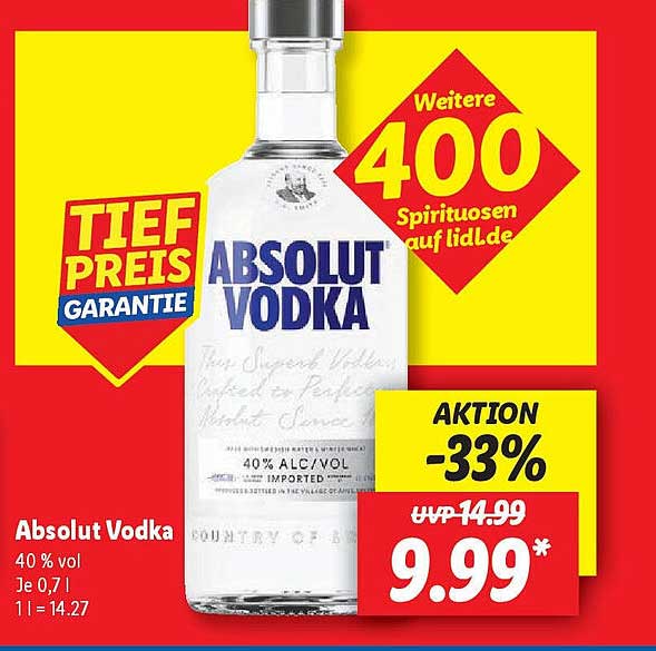 Absolut Vodka 40% vol - Aktion bei Lidl