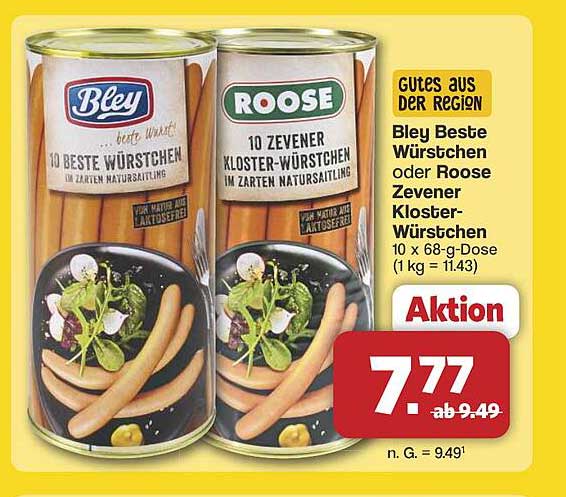 Bley Beste Würstchen oder Roose Zevener Kloster-Würstchen 10 x 68-g-Dose