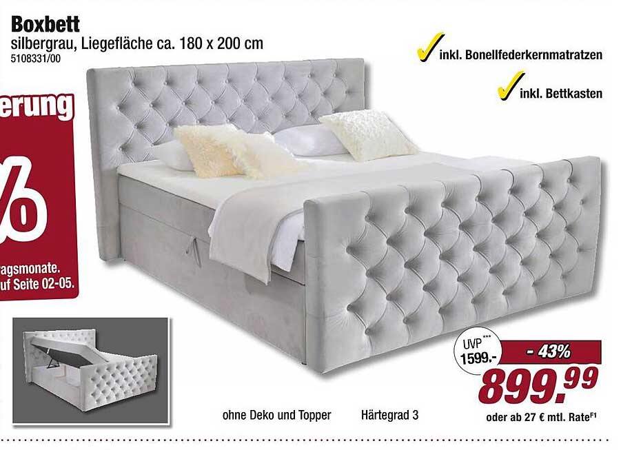 Boxbett silbergrau, Liegefläche ca. 180 x 200 cm