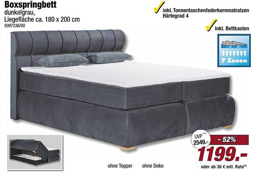 Boxspringbett dunkelgrau, Liegefläche ca. 180 x 200 cm