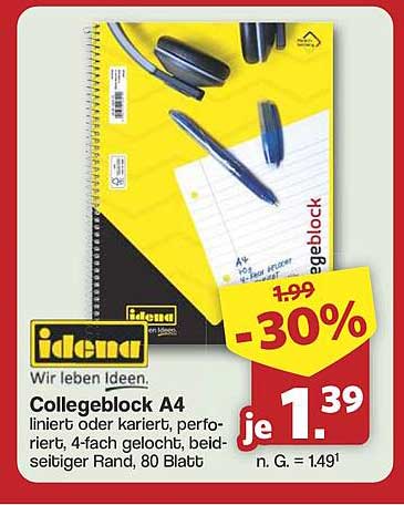 Collegeblock A4, 80 Blatt - 30% reduziert