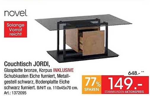 Couchtisch JORDI - Glasplatte Bronze und Korpus in Eiche