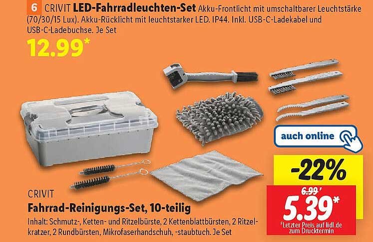 CRIVIT LED-Fahrradleuchten-Set und Fahrrad-Reinigungs-Set, 10-teilig