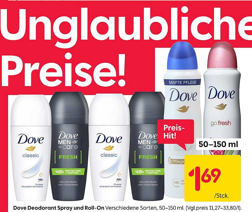 Dove Deodorant Spray und Roll-On Verschiedene Sorten, 50–150 ml