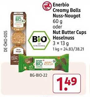 Enerbio Creamy Balls Nuss-Nougat 60 g oder Nut Butter Cups Haselnuss 3 x 13 g