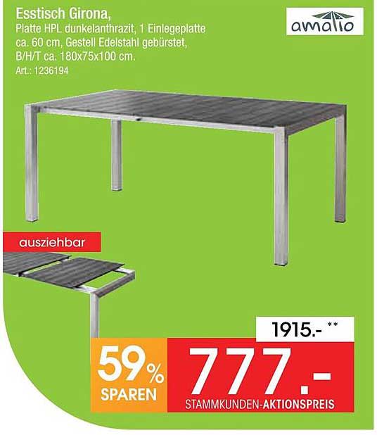 Esstisch Girona, Platte HPL dunkelanthrazit, 1 Einlegeplatte ca. 60 cm, Gestell Edelstahl gebürstet, B/H/T ca. 180x75x100 cm.