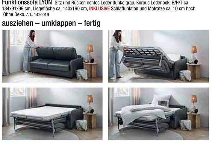 Funktionsofa LYON – echtes Leder dunkelgrau, inkl. Schlaffunktion
