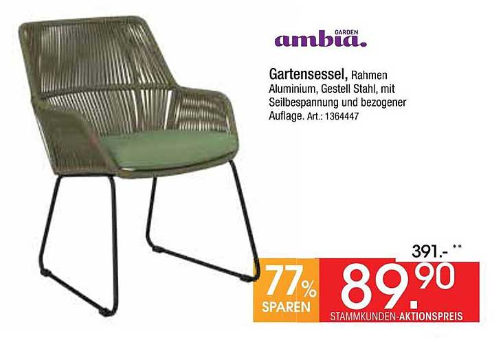 Gartensessel, Rahmen Aluminium, Gestell Stahl, mit Seilbespannung und bezogener Auflage
