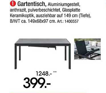 Gartentisch, Aluminiumgestell, anthrazit, pulverbeschichtet, Glasplatte Keramikoptik