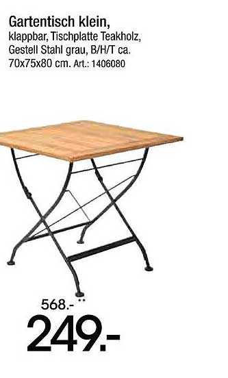 Gartentisch klein, klappbar, Tischplatte Teakholz, Gestell Stahl grau, B/H/T ca. 70x75x80 cm.