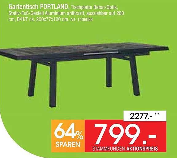 Gartentisch PORTLAND, Tischplatte Beton-Optik, Stativ-Fuß-Gestell Aluminium anthrazit, ausziehbar auf 260 cm