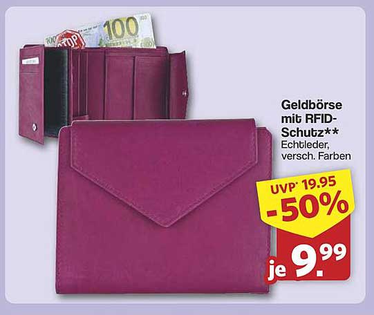 Geldbörse mit RFID-Schutz, Echtleder, verschiedene Farben