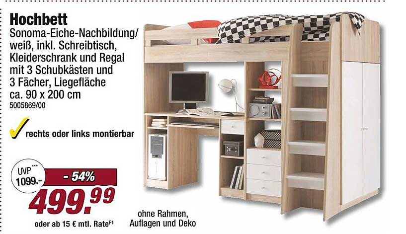 Hochbett Sonoma-Eiche-Nachbildung/weiß, inkl. Schreibtisch, Kleiderschrank und Regal mit 3 Schubkästen und 3 Fächern, Liegefläche ca. 90 x 200 cm