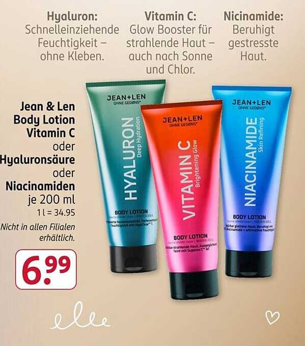Jean & Len Body Lotion Vitamin C oder Hyaluronsäure oder Niacinamide je 200 ml