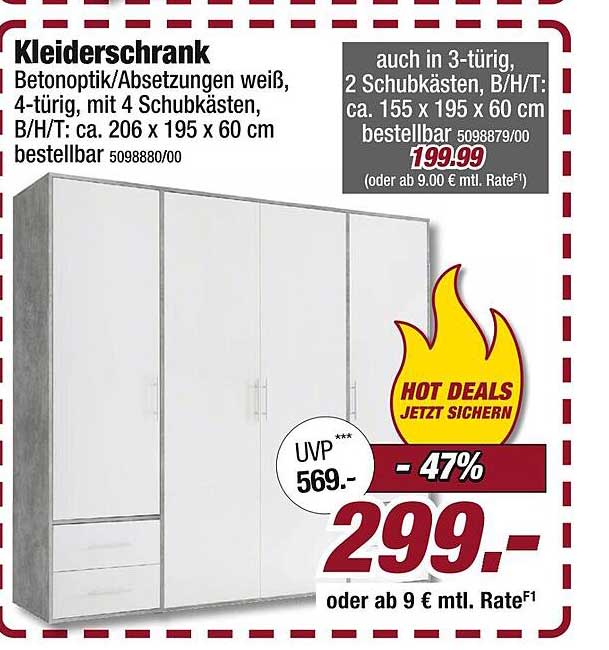 Kleiderschrank Betonoptik mit 4 Schubkästen