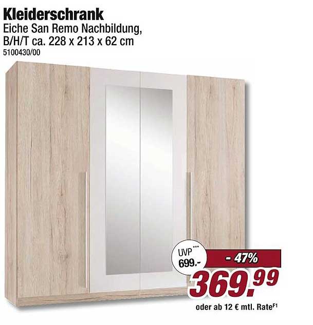 Kleiderschrank Eiche San Remo Nachbildung, B/H/T ca. 228 x 213 x 62 cm