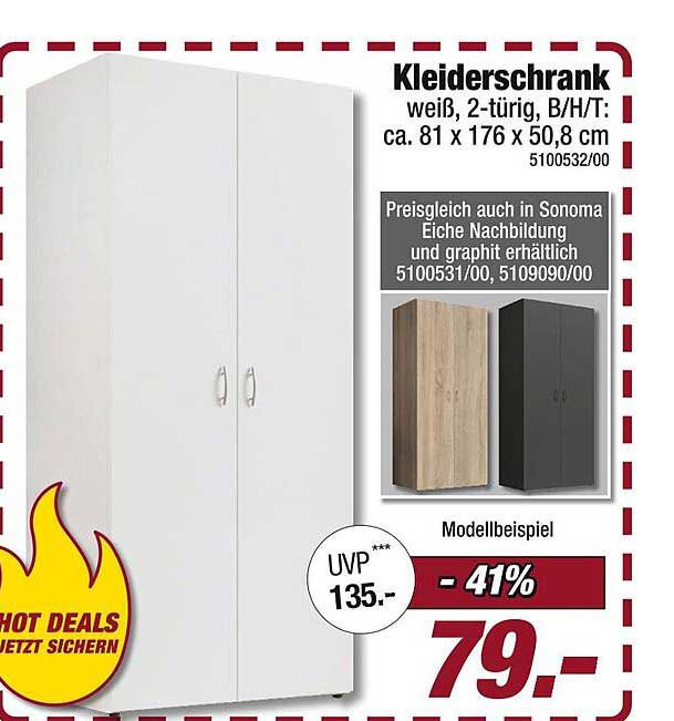 Kleiderschrank weiß, 2-türig, B/H/T: ca. 81 x 176 x 50,8 cm