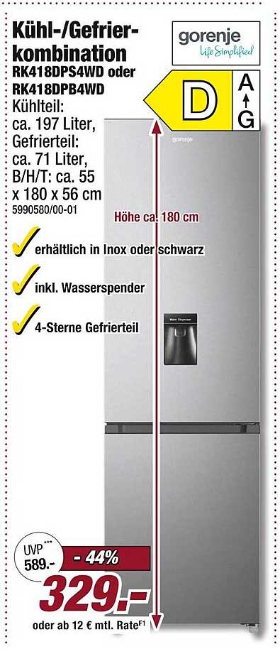 Kühl-/Gefrierkombination Gorenje RK418DPS4WD oder RK418DPB4WD mit Wasserspender