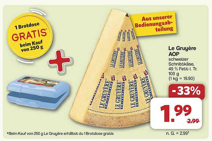 Le Gruyère AOP Schweizer Schnittkäse - 250 g zum Aktionspreis mit Gratis Brotdose
