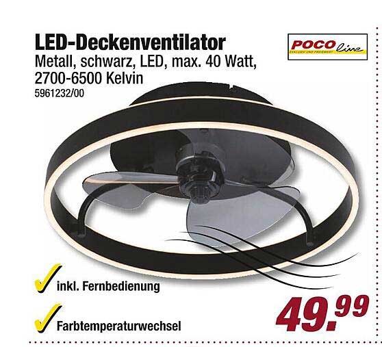 LED-Deckenventilator Metall, schwarz, LED, max. 40 Watt, 2700-6500 Kelvin