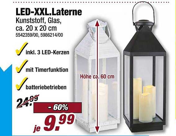 LED-XXL-Laterne mit 3 LED-Kerzen und Timerfunktion