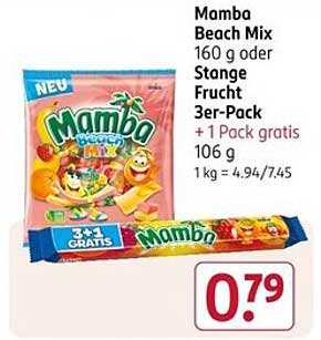 Mamba Beach Mix 160 g oder Stange Frucht 3er-Pack + 1 Pack gratis