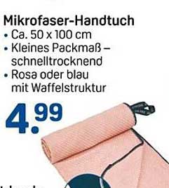 Mikrofaser-Handtuch - Ca. 50 x 100 cm, Kleines Packmaß, schnelltrocknend, Rosa oder Blau mit Waffelstruktur