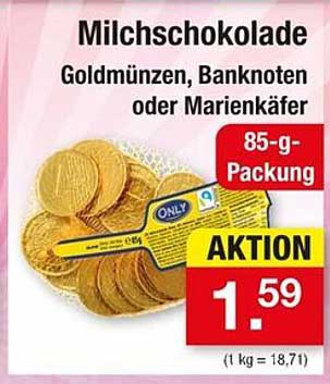 Milchschokolade Goldmünzen, Banknoten oder Marienkäfer - 85-g-Packung