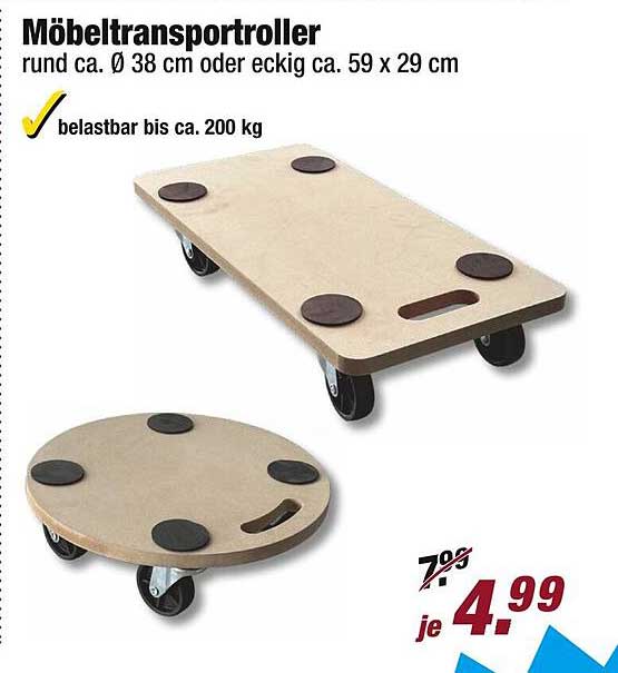 Möbeltransportroller rund ca. Ø 38 cm oder eckig ca. 59 x 29 cm