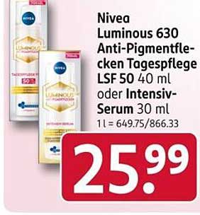 Nivea Luminous 630 Anti-Pigmentflecken Tagespflege LSF 50 40 ml oder Intensiv-Serum 30 ml