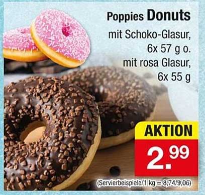 Poppies Donuts mit Schoko- und Rosa-Glasur, 6 Stück
