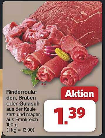 Rinderrouladen, Braten oder Gulasch aus der Keule, zart und mager, aus Frankreich