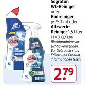 Sagrotan WC-Reiniger oder Badreiniger 750 ml oder Allzweck-Reiniger 1,5 Liter für nur 2,79 €