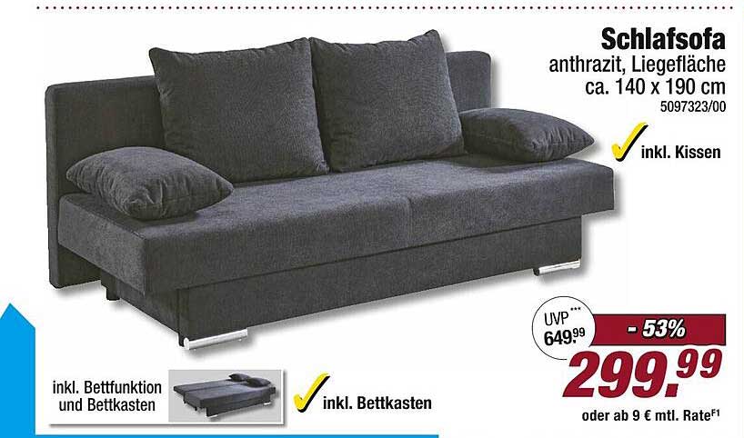 Schlafsofa anthrazit, Liegefläche ca. 140 x 190 cm