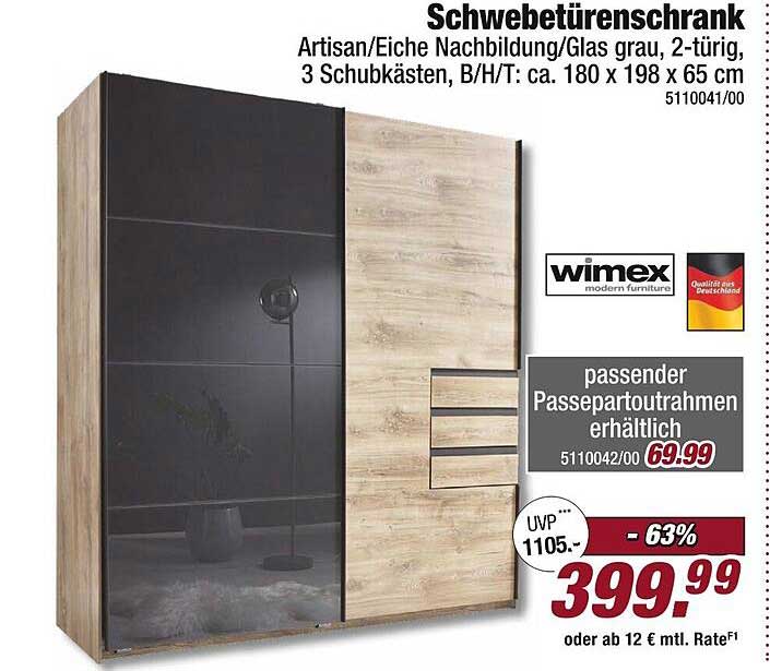 Schwebetürenschrank Artisan/Eiche Nachbildung/Glas grau, 2-türig