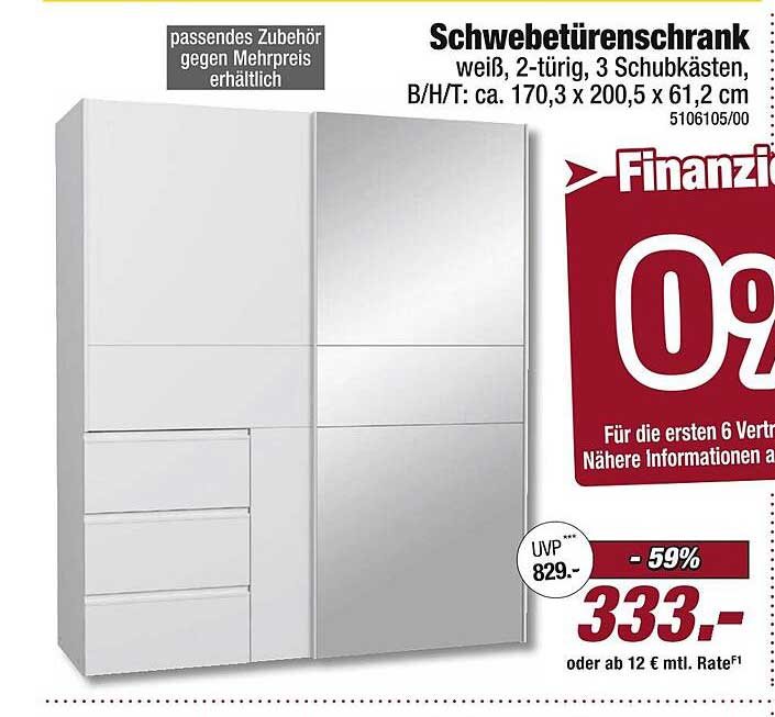 Schwebetürenschrank weiß, 2-türig, 3 Schubkästen